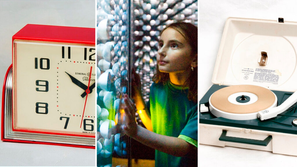 Images of an old clock, a young girl and a portable record player.